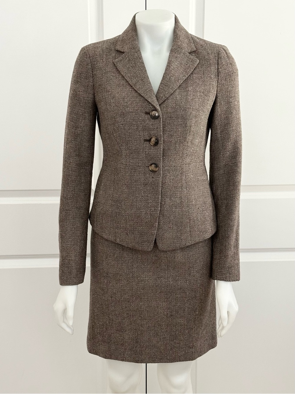 Brown Wool Blend Tweed Two Piece Suit - Blazer Jacket & Skirt - Ann Taylor